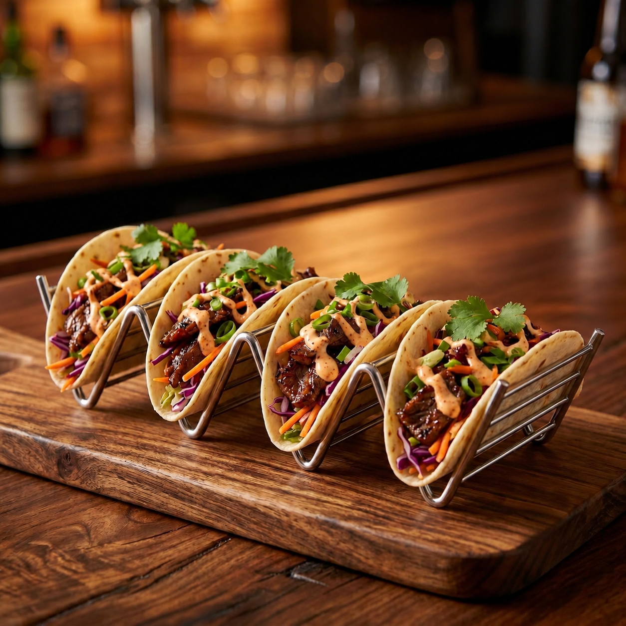 Beef tacos with cabbage, carrots, herbs and creamy sauce